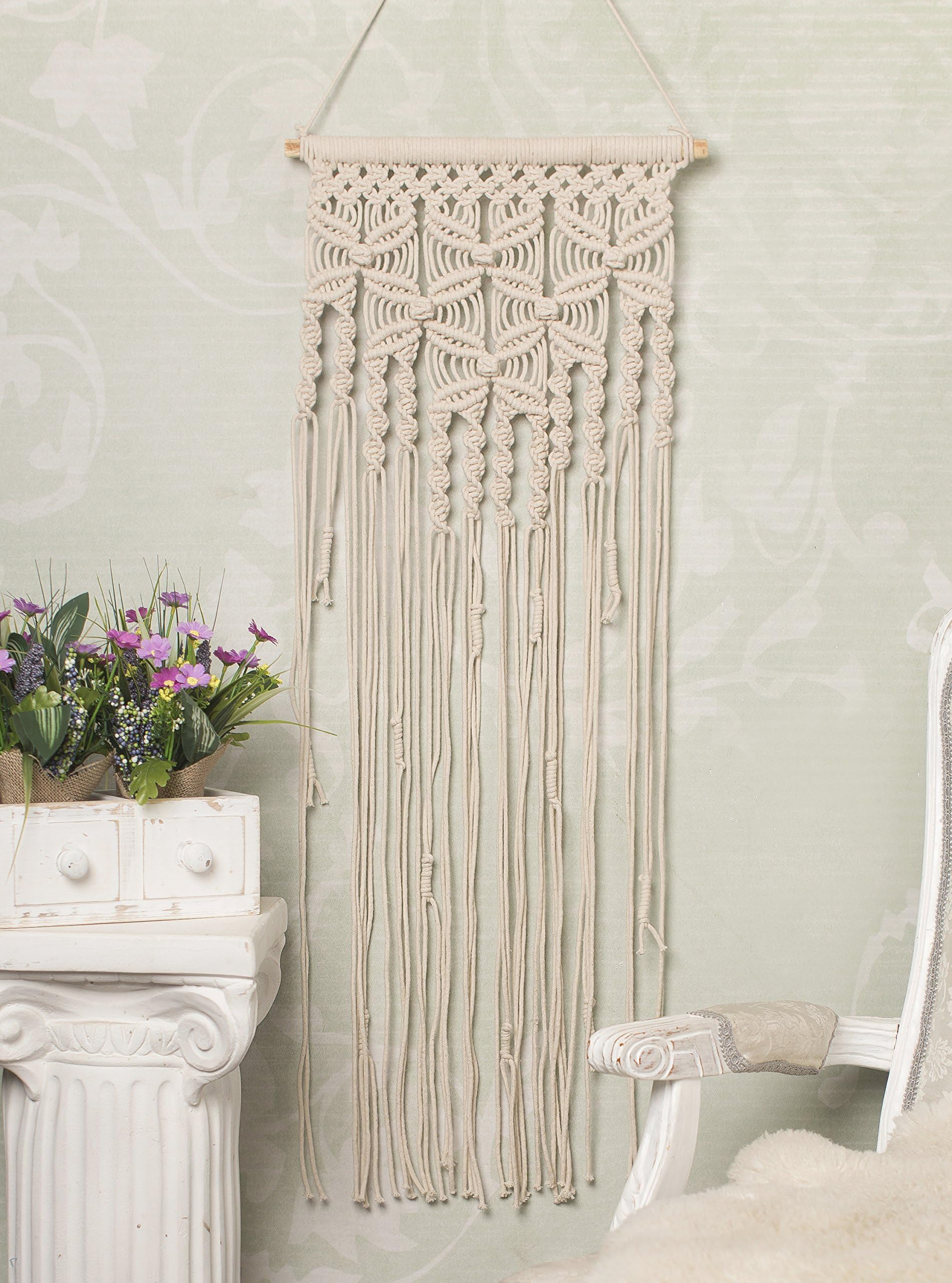 Wrapiella Creations Macrame Wall Hanging Tapestry Boho Wall Decor Minimalist White Tapestry Handmade Woven Wall Art 14" W x 35" L