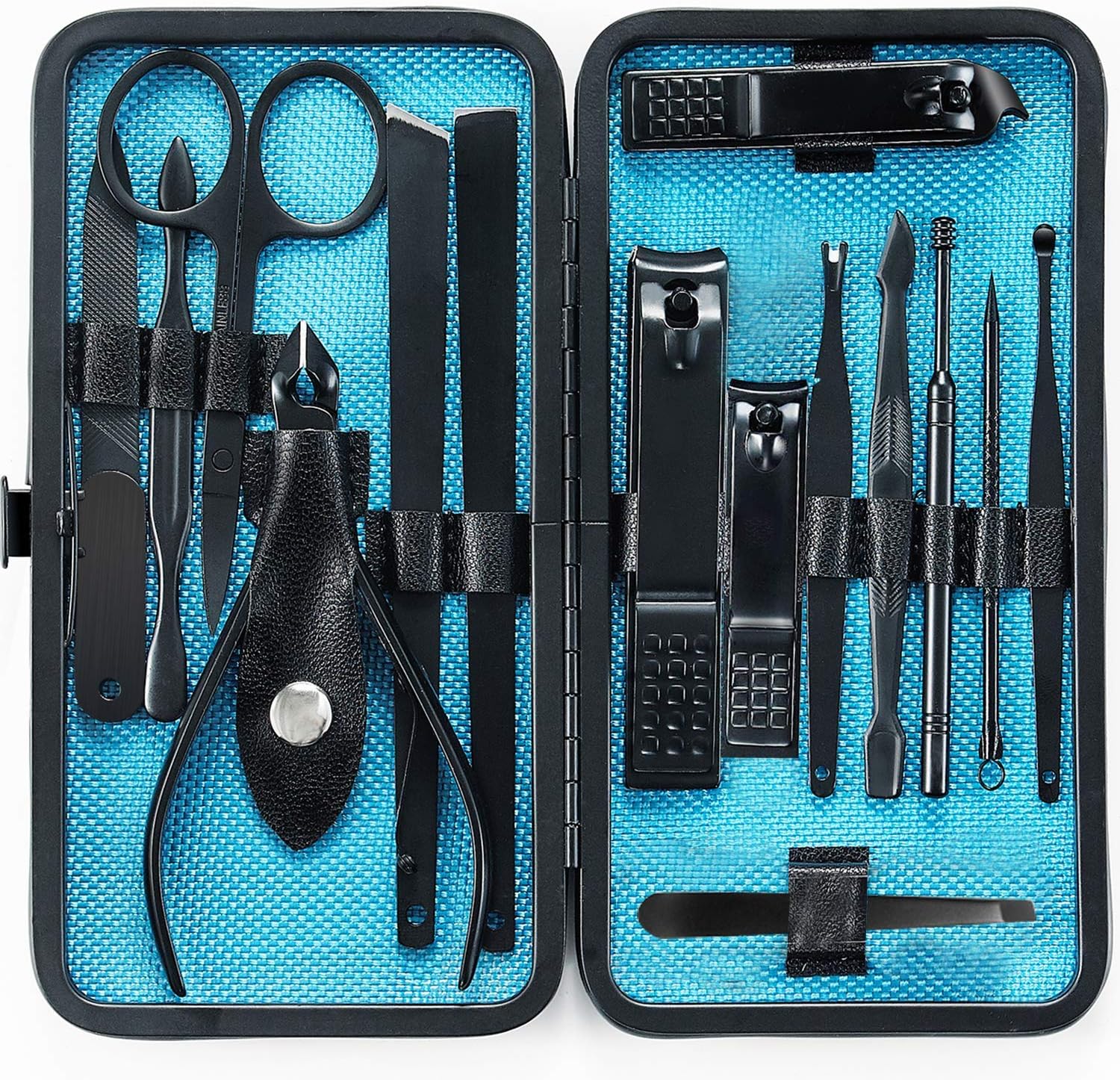 Manicure Set, HANTEKAS 15 in 1 Stainless Steel Professional Pedicure Kit Nail Clippers Scissors Grooming Kit with Black/Blue Leather Travel Case