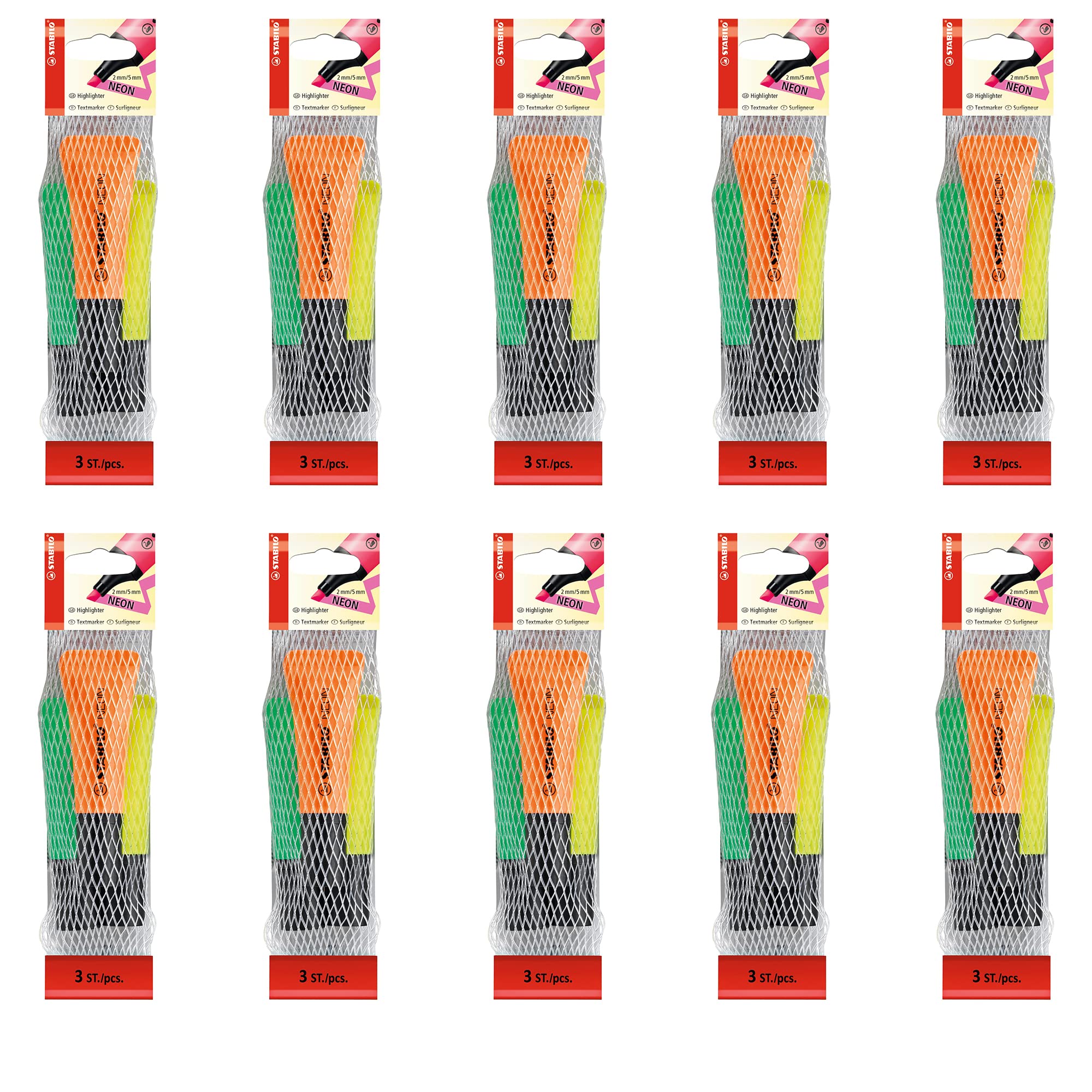 Highlighter - STABILO NEON - 10 x Pack of 3 - yellow, green, orange