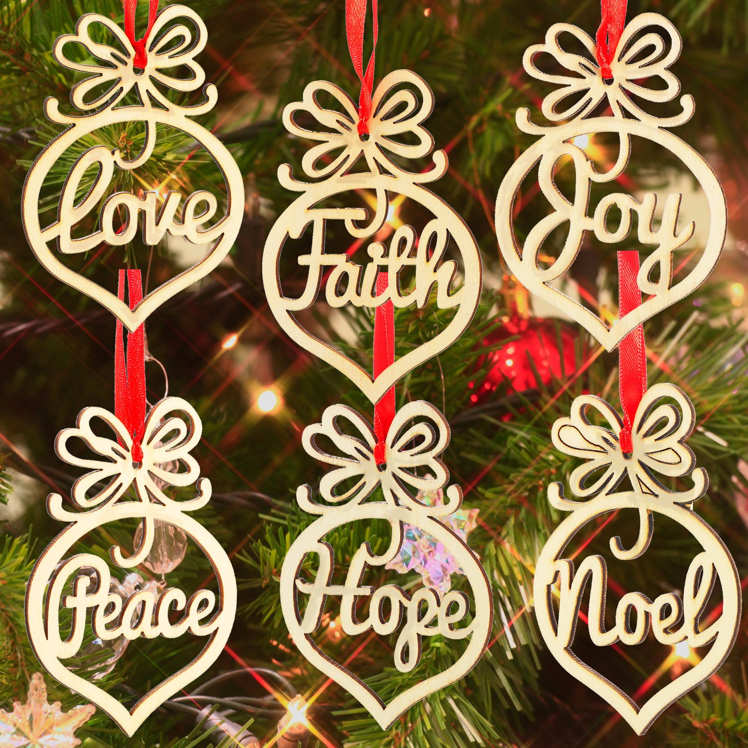 Photo 1 of 18 Pieces Christmas Wooden Hollow Ornament Tree Decorations Wooden Hollow Letter Religious Christmas Tree Hanging Pendant Decor Xmas Holiday Hanging Crafts