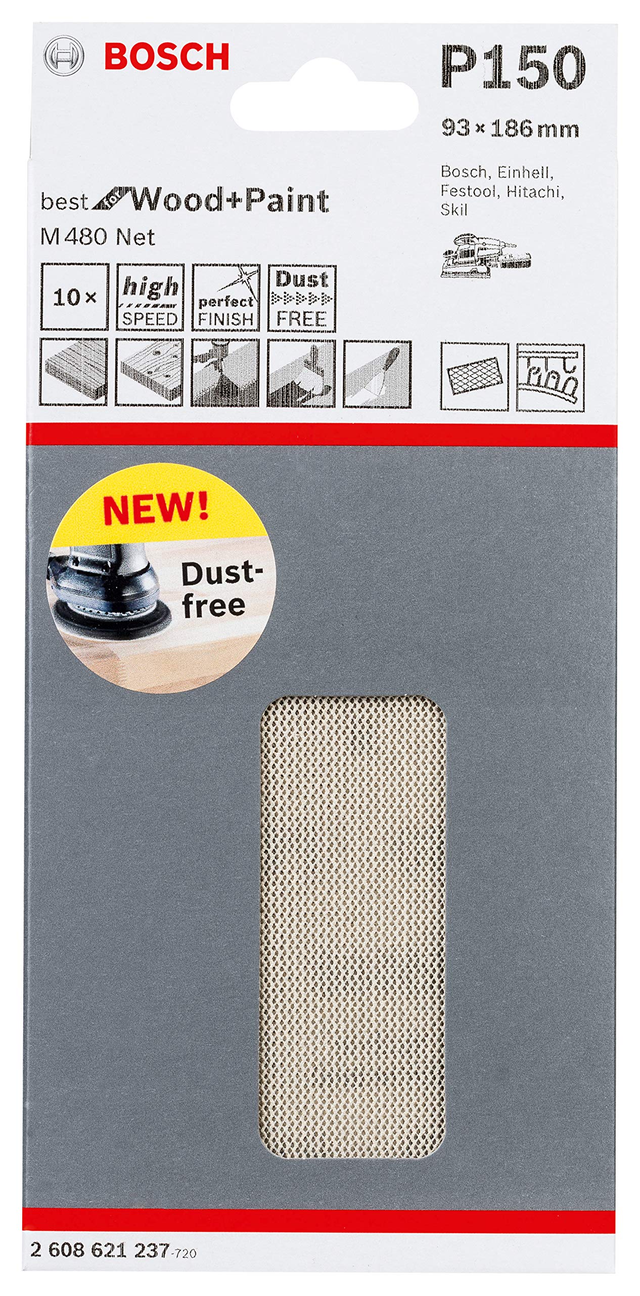 Bosch Professional Set of 10 Sanding Sheets M480 Best for Wood and Paint (Wood and Paint, 93 x 186 mm, grit G150, Accessories for Orbital Sanders) — image 1