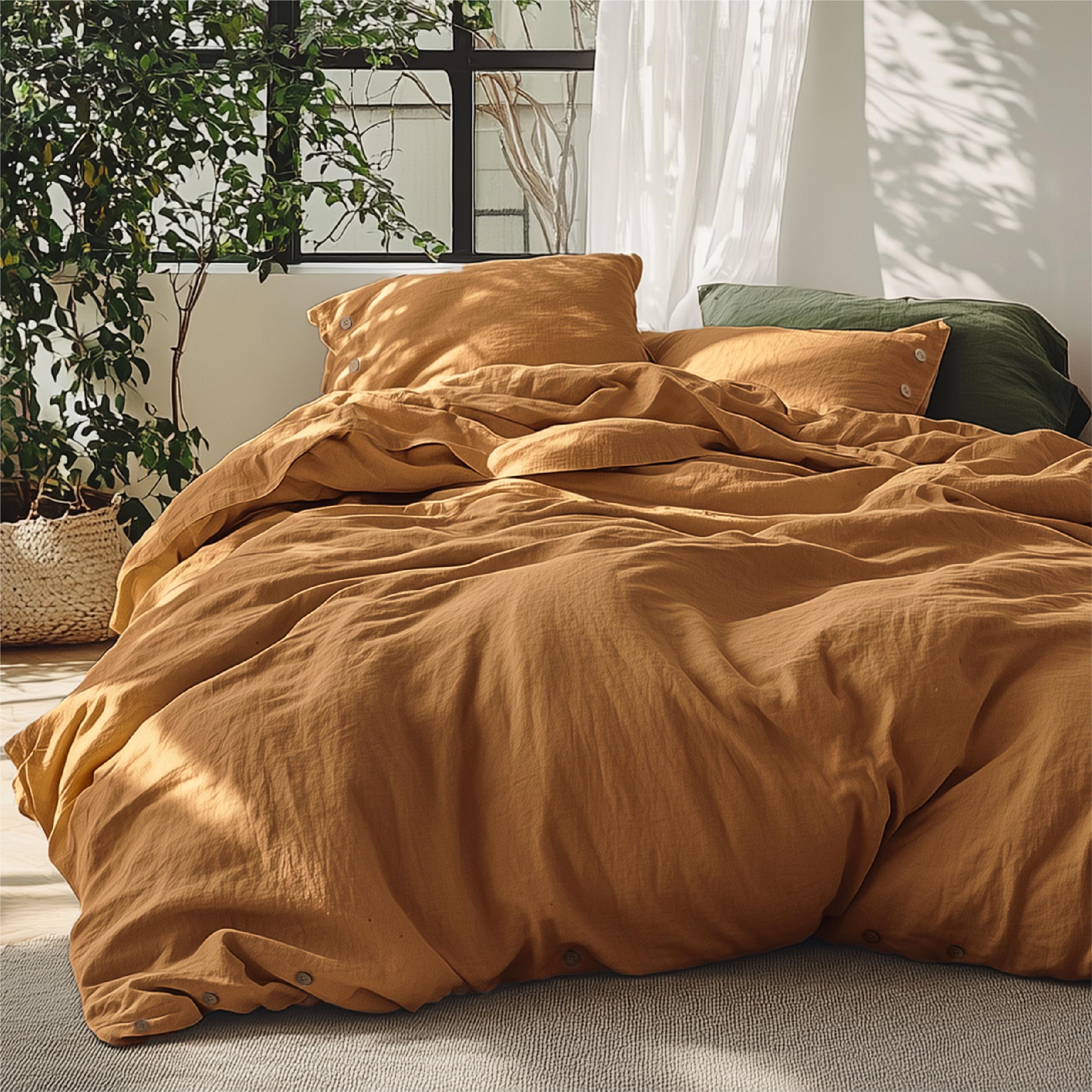 Photo 1 of Bedsure Linen Duvet Cover King Size - Linen Cotton Blend Bedding Set, Soft & Cozy, 3 Pieces, 1 Duvet Cover 104x90 and 2 Pillowcases, Pumpkin Yellow Color Cooling Bedding, Comforter Sold Separately