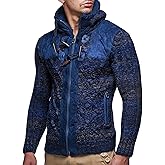 Leif Nelson LN20525 Men's Knit Zip-up Jacket With Geometric Patterns and Leather Accents