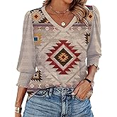 Womens Western Shirts 3/4 Length Sleeve Casual V Neck Western Graphic Cowboy T Shirts for with Smocked Cuffs Western Tops for