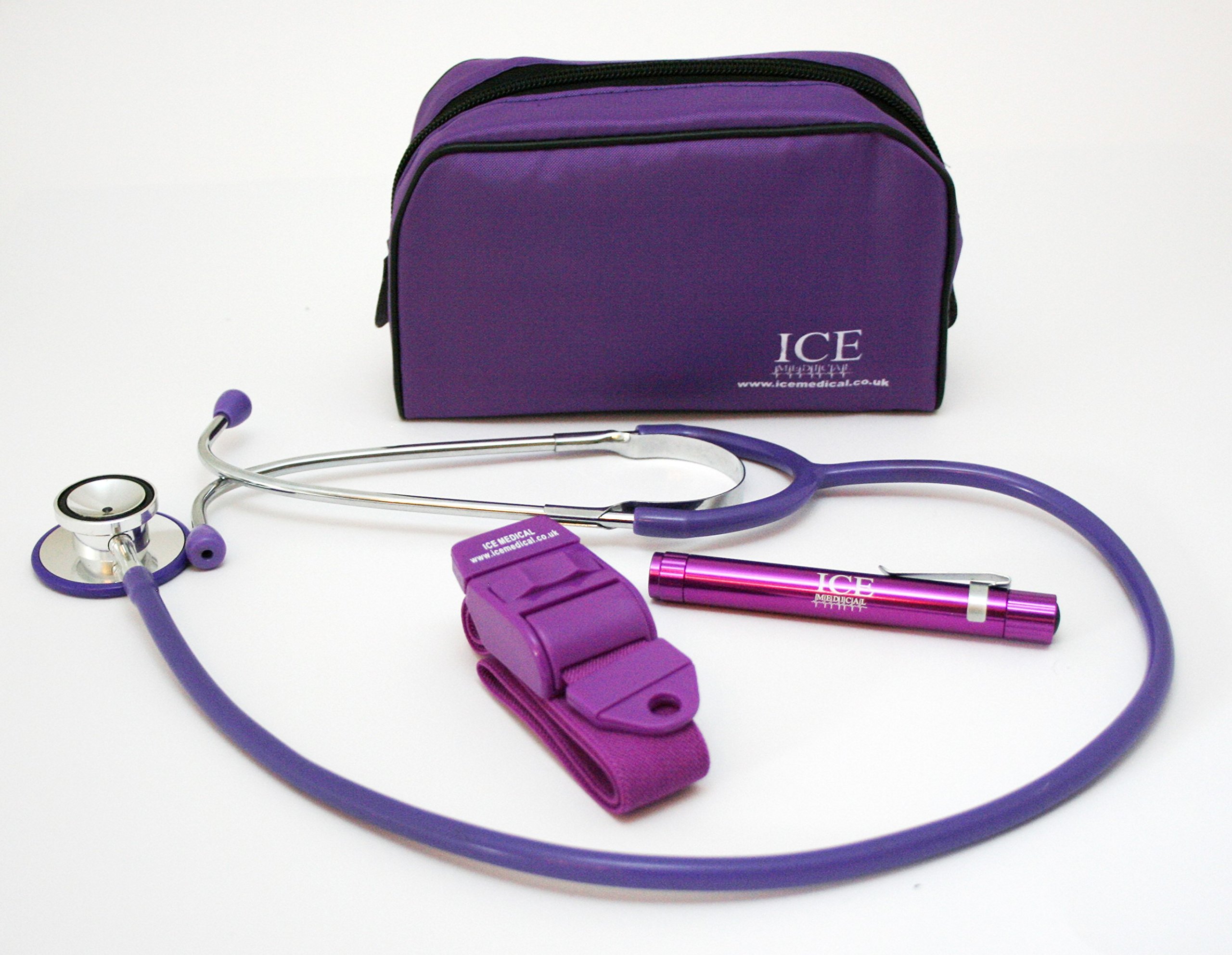 ICE Medical Purple LED Medical Pen light/Pen torch Stethoscope and Tourniquet in a Purple Bag
