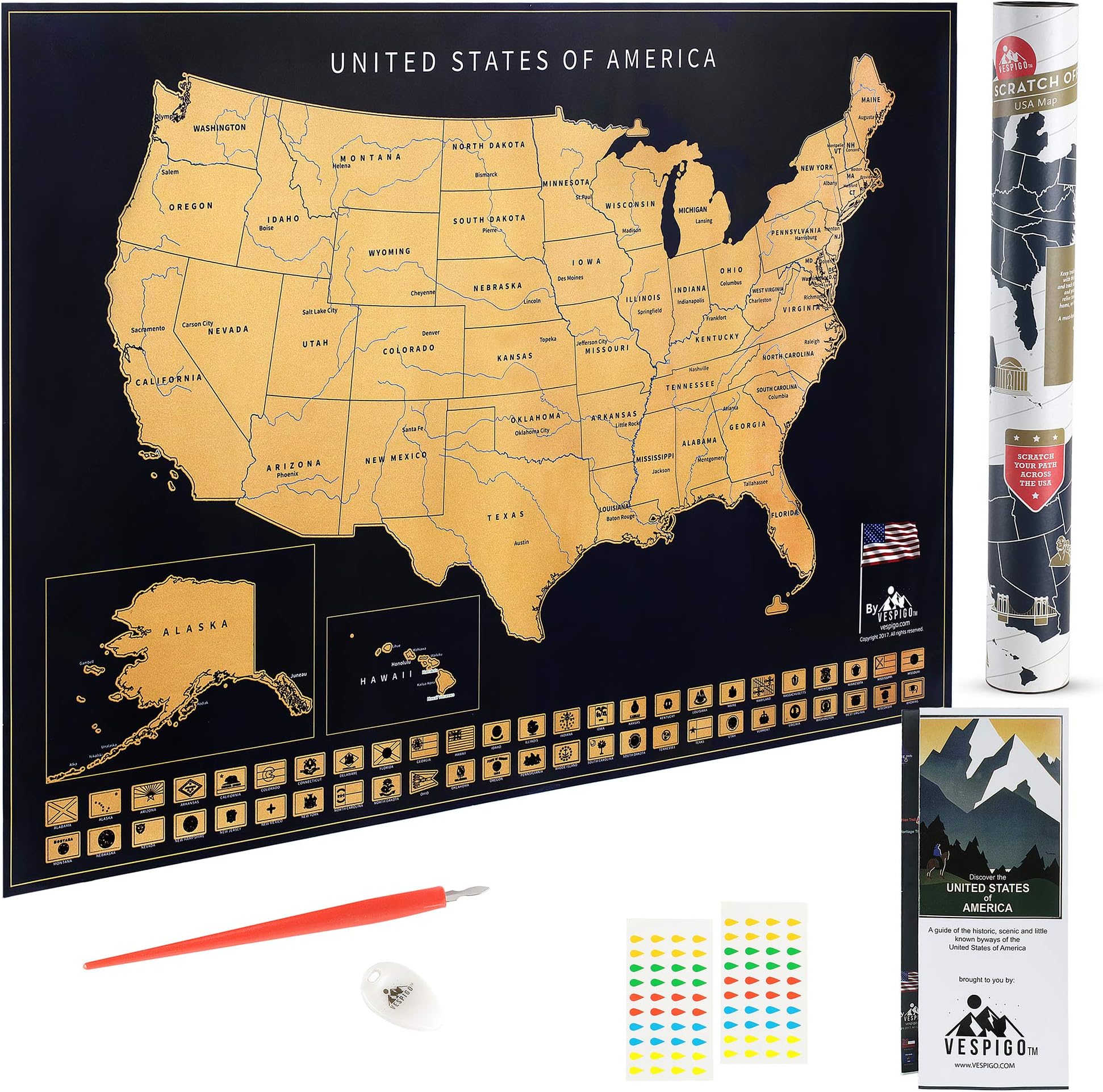 USA Scratch Off Map by Vespigo - 24x17 - National Parks - State Flags - Scenic Trails - Bonus Accessories Pack with Unique Discover America brochure