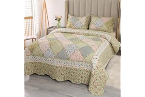 VIVILINEN King Size Patchwork Quilt Set Green Floral Reversible Quilted Bedspread Coverlet Set 3-Piece Comforter Lightweight Stitched Quilt Bedding Set Bed Cover Blanket with 2 Pillow Shams for All Seasons