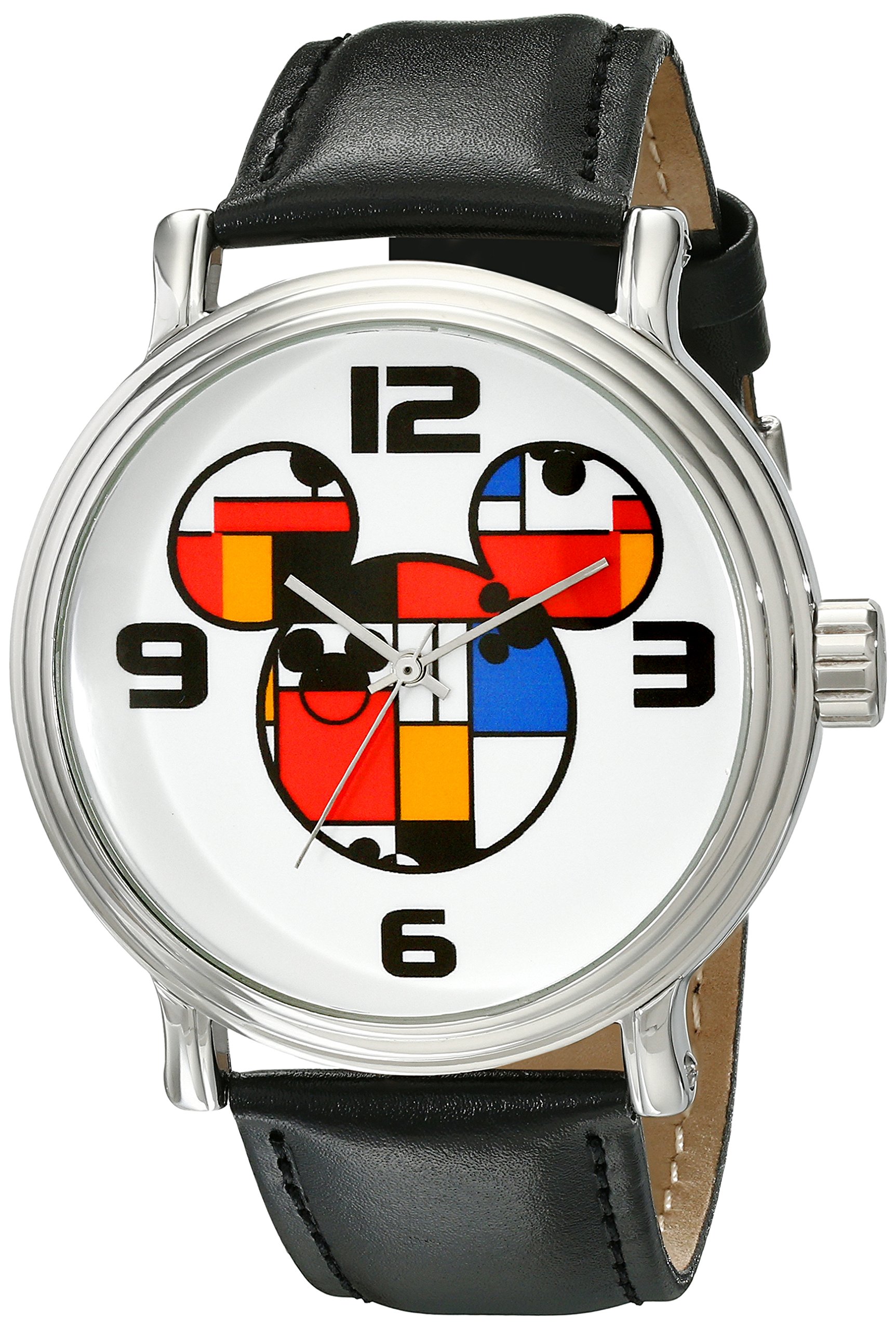 Full Color Mickey Mouse Head Silhouette Watch for Men – Iconic Mickey Mouse Watches for Men – Stylish Watch – Classic Watches with Silver Dial & Black Leather Bracelet Image