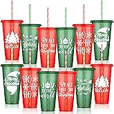 Kochorie 12 Pieces Christmas Plastic Cups Bulk 24oz Reusable Christmas Cups with Lids and Straws Thick Plastic Tumbler Cup for Xmas Gift Holiday Party Supplies, 6 Styles