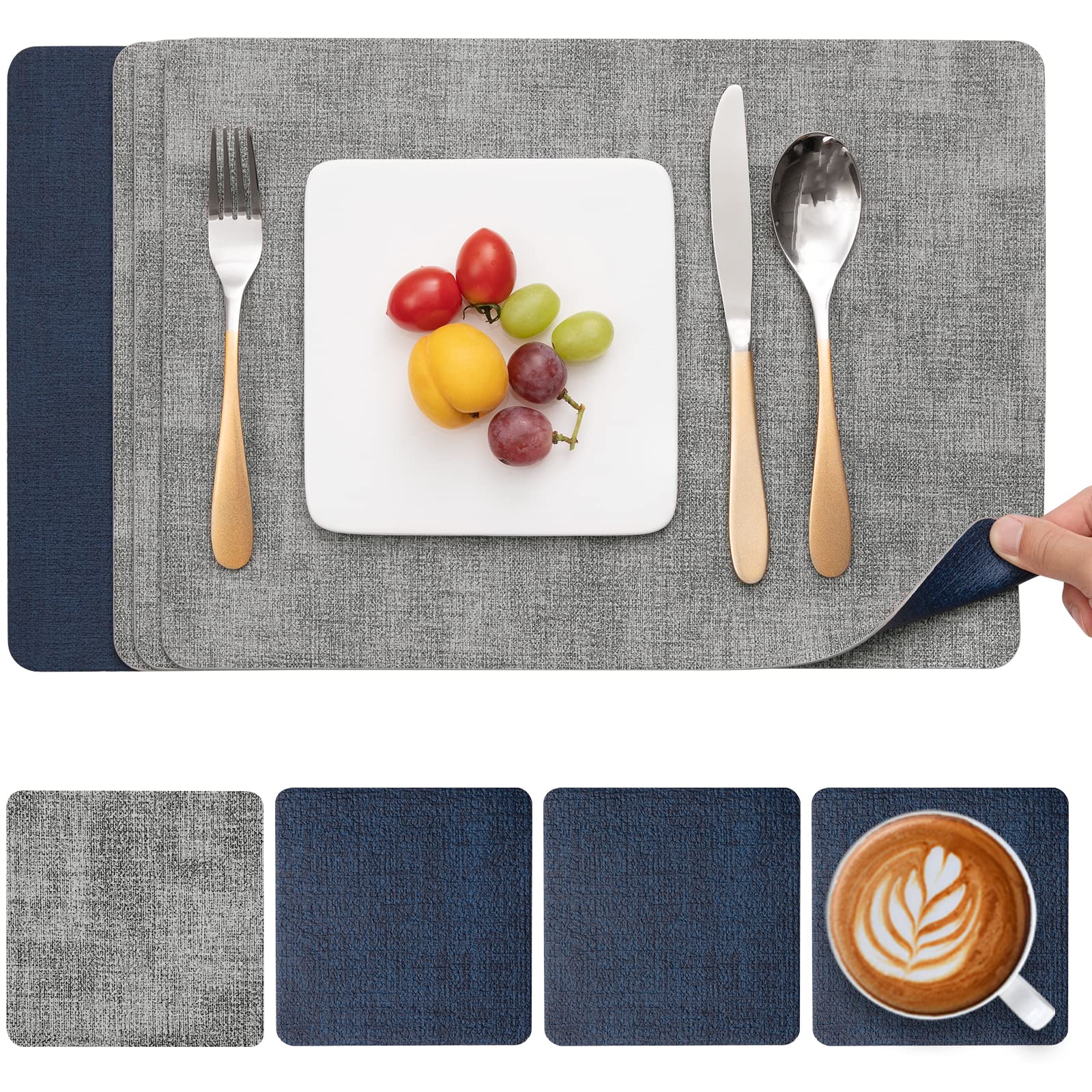 Myir JUN Placemats and Coasters Set of 4, Place Mats Dual Sided Faux Leather Table Mats PU Indoor Outdoor Heat Resistant Placemat Square Non Slip Wipeable Washable Dining Restaurant (Gray Blue)