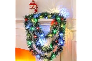 Kingdder 16.4 ft Christmas Tinsel Garland Lighted Metallic Twist Tree Decoration Prelit Battery Operated 50 LED Hanging Garland for Xmas New Year Home Outdoor Decor(Multicolor, Green)