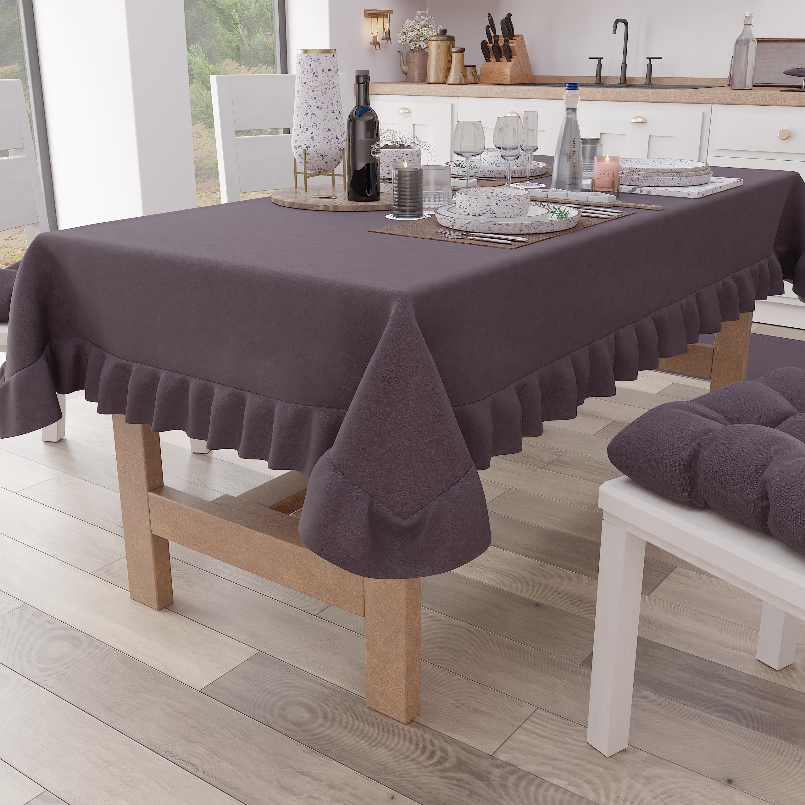 PETTI Artigiani Italiani - Ruffle Tablecloth, Rectangular Kitchen Tablecloth with Valance, Plain Cotton Tablecloth, X12 Seater (140 x 240 cm) Mauve — image 1