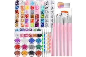 FANDAMEI Nail Art Kit, Nail Art Brushes Set, Nail Design Kit Dotting Tools, Fine Nail Glitter, Nail Decoration Butterfly Heart Glitter Sequins, Foil Flakes, Nail Rhinestones, Dust Brush