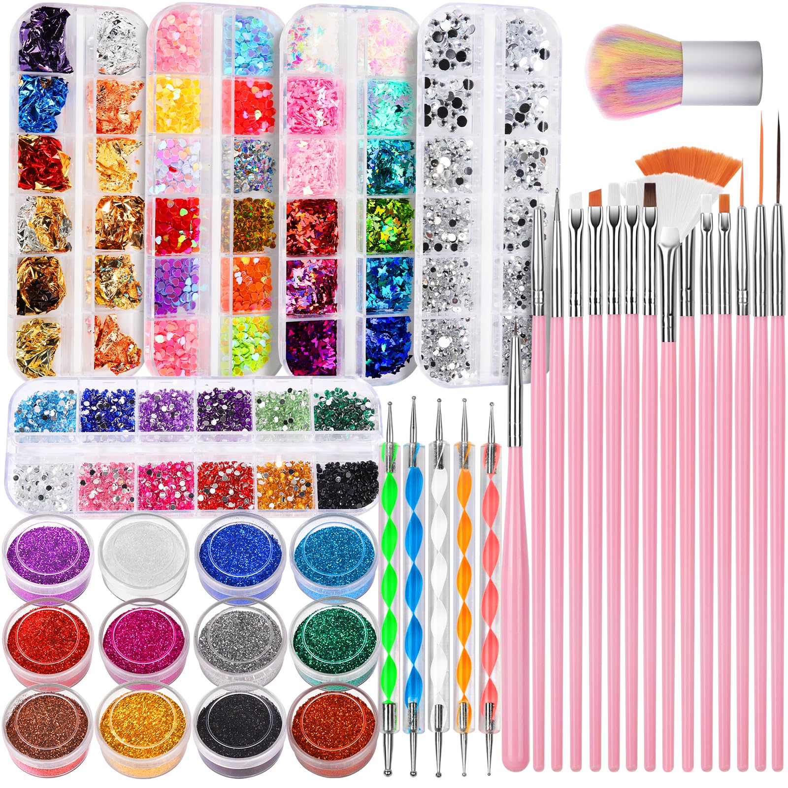 FANDAMEI Nail Art Kit - Design Tools with Brushes, Dotting Tools, Glitter, Sequins, Foil Flakes, Rhinestones, Dust Brush