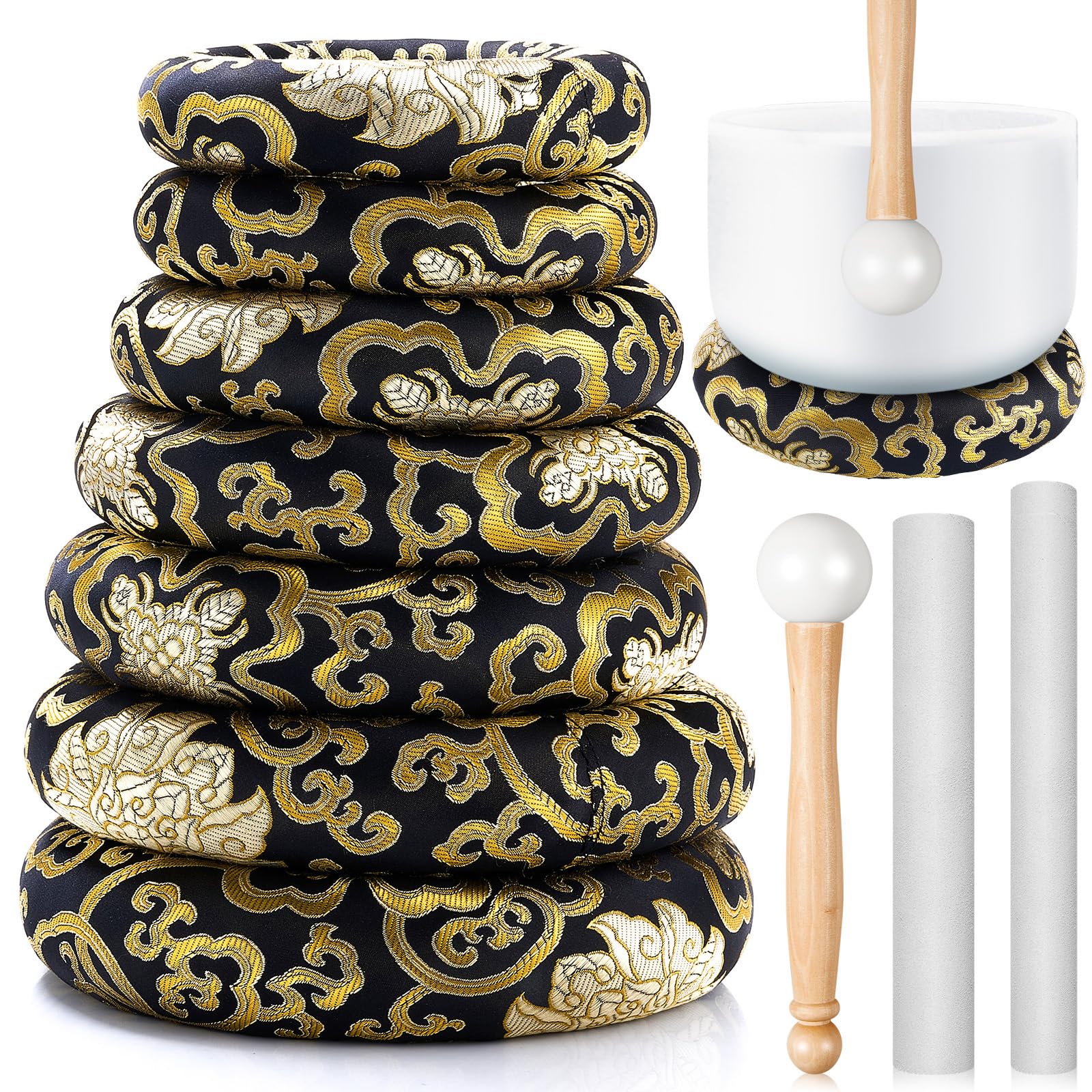 Photo 1 of Fiada 10 Pcs Singing Bowl Cushion Set 7 Silk Cloth O Ring with 3 Crystal Singing Bowl Mallet Include Solid and Hollow Stick Wood Handle Rubber Mallet for 6-12" Tibetan Sound Meditation (Black Gold)