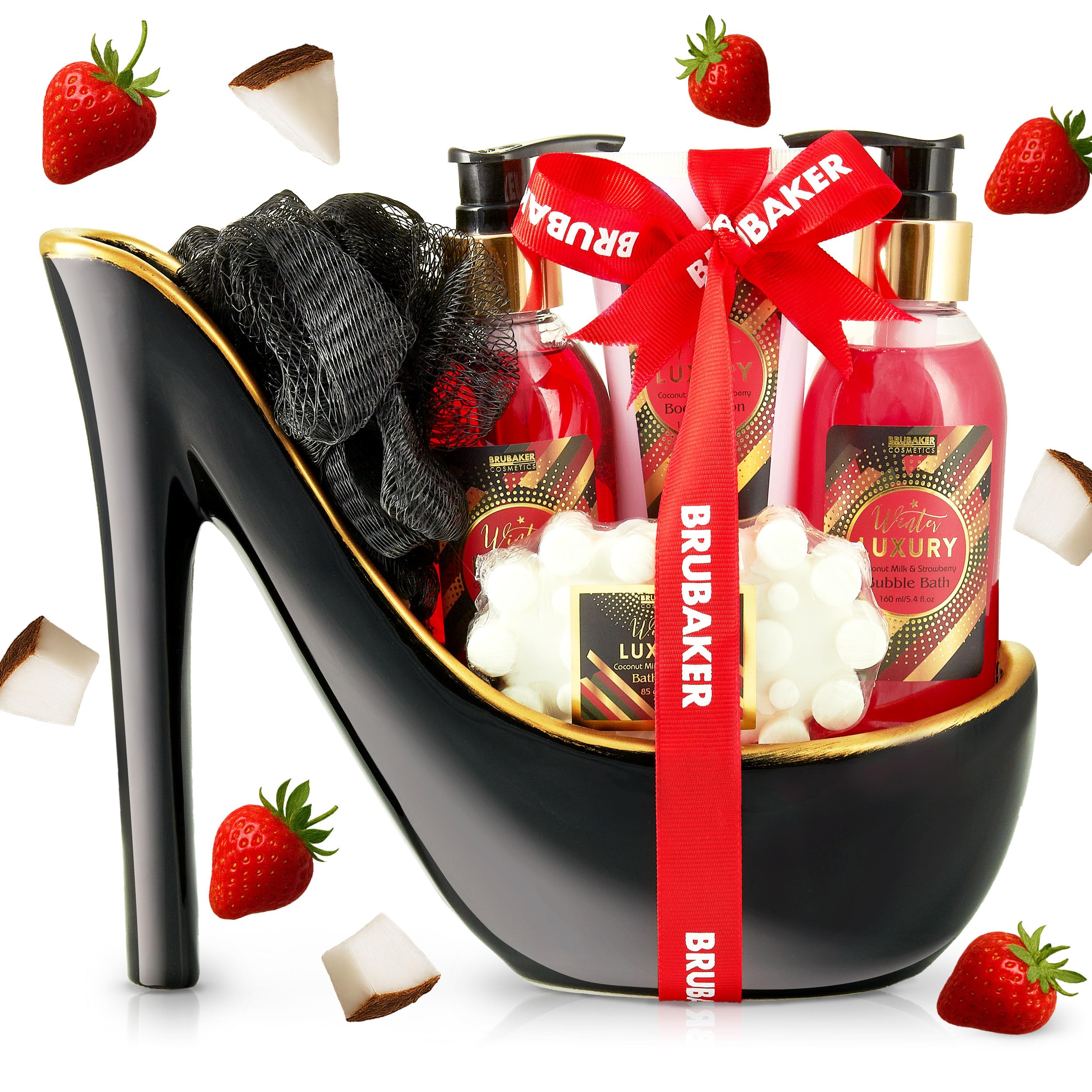 BRUBAKER Cosmetics Luxury Strawberry and Coconut Milk Bath and Shower Set - 6 Pcs. Beauty Gift Set in Black