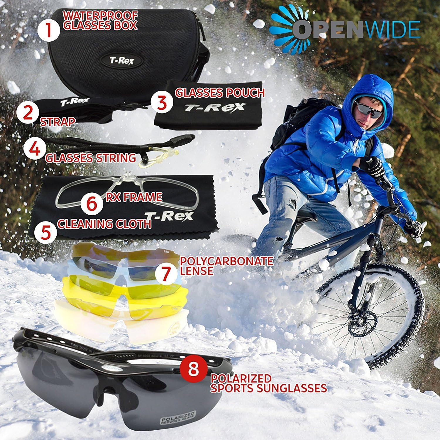 Cycling Sunglasses by OpenWide. Polarized, 4 Lenses + Hard Case + Lens Cleaner + RX Prescription Adapter. Sports Sunglasses for Men & Women, Perfect for Baseball, Running, Water Sports, Fishing, Golf With Clear, Yellow, Smoke & Brown Lenses. - Sunglass Set