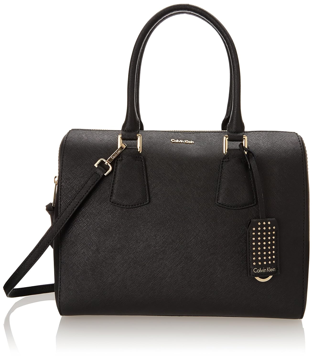 Calvin Klein Leather Satchel Top Handle Bag, Black/Gold, One Size