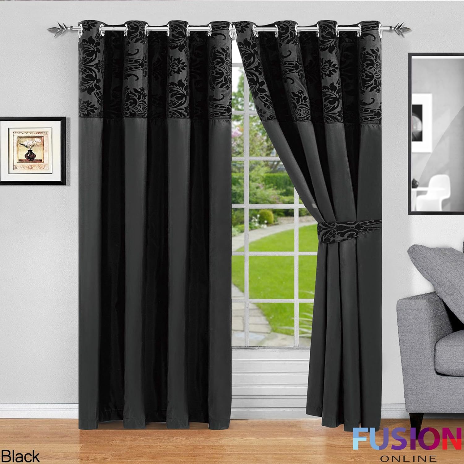 RING TOP FULLY LINED PAIR EYELET READY CURTAINS LUXURY DAMASK CURTAIN RING TOP (66" x 72" (168cm