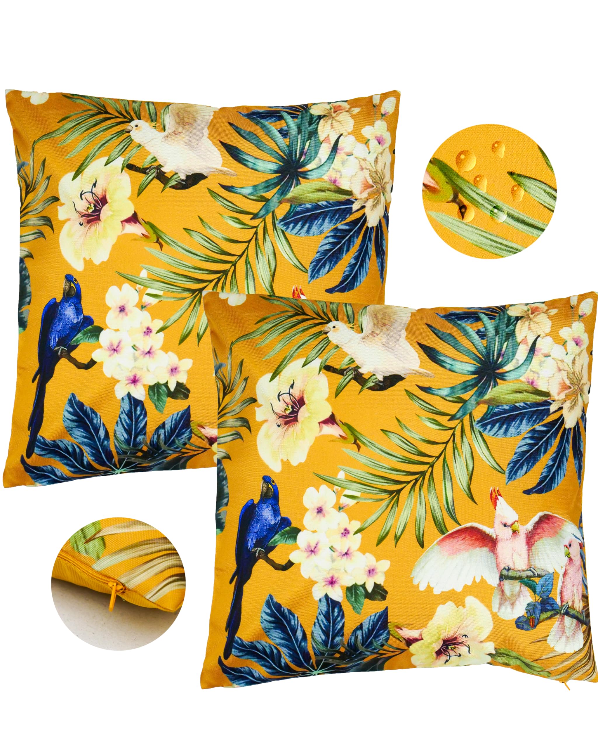 BIA Home Alba, Set of 2 Outdoor Cushion Covers, 45 x 45 cm, Water-Repellent, Yellow, Bird Design, Spring, Ideal for Balcony, with Flowers and Floral Pattern