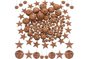 Dilunave 140 Pieces Rustic Christmas Bell Set, Includes 100 Small Rustic Jingle 20 Star Cutout Bells 20 Metal Star Hanging Ornament for Christmas Tree Home Decor DIY Craft(Rusty)
