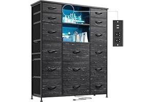 EnHomee 51" H Dresser with 15 Drawers Dresser for Bedroom with Charging Station & LED Lights & Hutch Sturdy Black Bedroom Dressers, Steel Frame, Wood Top, 51.2" H x 39.3" W x 11.8" D