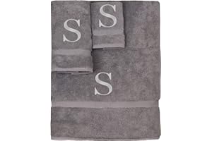 BC BARE COTTON Monogrammed Towel Set, Personalized Gift, Set of 3- Silver Block Letter Embroidered Towel - Extra Absorbent 100% Turkish Cotton - Soft Terry Finish - Initial S Gray