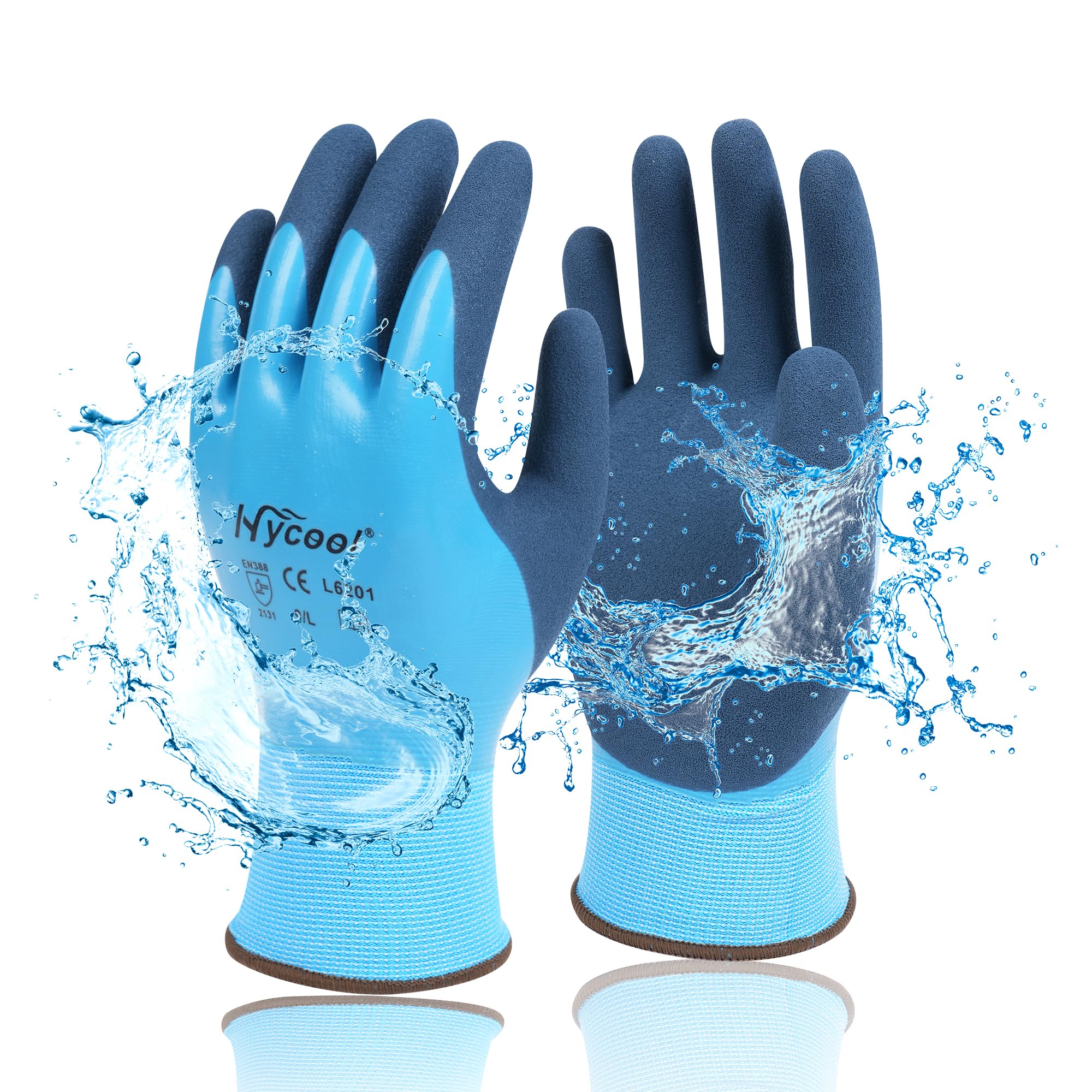 Photo 1 of DS Safety Waterproof Work Gloves for Men and Women, Rubber Coated Non-slip Working Gloves for Garden,Outdoor Construction,L6201 Blue 3 Pairs S