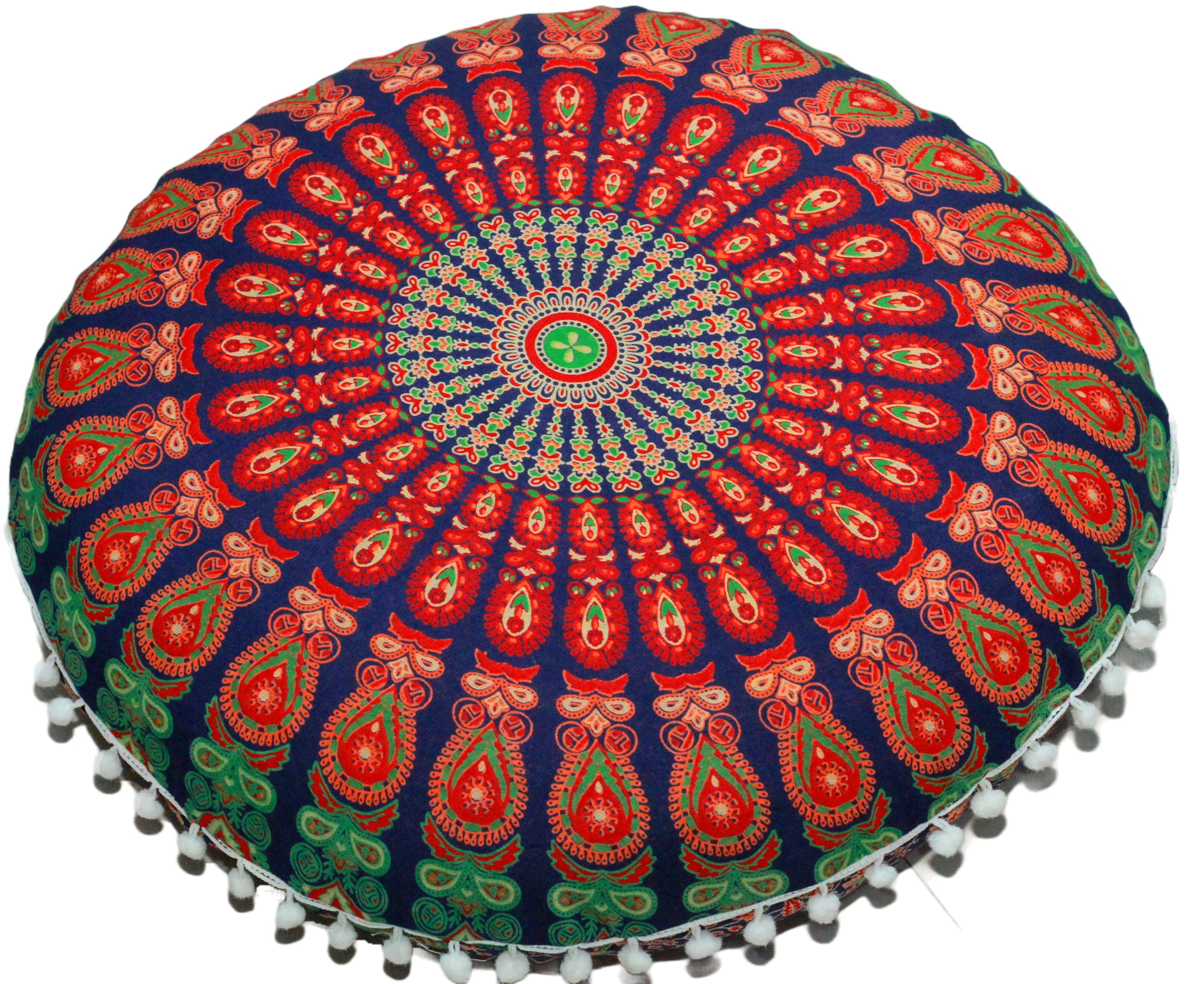 Round Mandala Floor Pillow Cover Seating Cushion Throw Cover Hippie Decorative Bohemian Ottoman Pouf Cover, Pom Pom Pillow Cases,Boho Indian 22 Inches (Multi Nap)