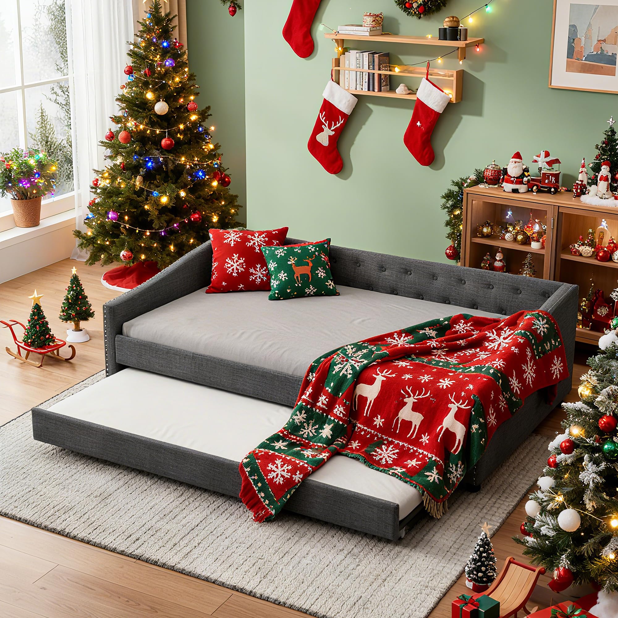 Photo 1 of FAVSH Full Size Upholstered Daybed with Trundle,Tufted Sofa Bed w/Button on Back and Piping on Waved Shape Arms for Bedroom Guest Room, No Box Spring Needed,Dark Grey