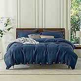 EVERLY100% Pure Linen Duvet Cover Set King Size104X90Inch 3pcs (1 Duvet Cover,2 Pillowcases) Soft and Breathable for All Season with Coconut Button Closure, Suitable for Hot Sleepers-Navy Blue
