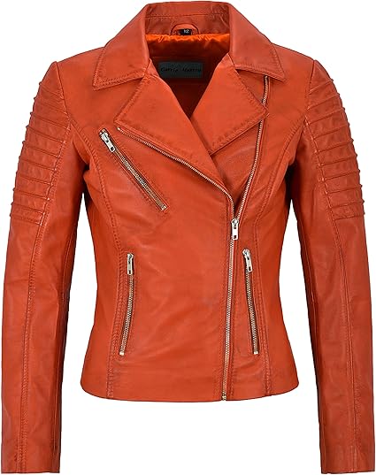Amazon 女性の新しいオレンジファッションレザージャケットバイカースタイル100 本物のレザージャケット9334 コート ジャケット 通販