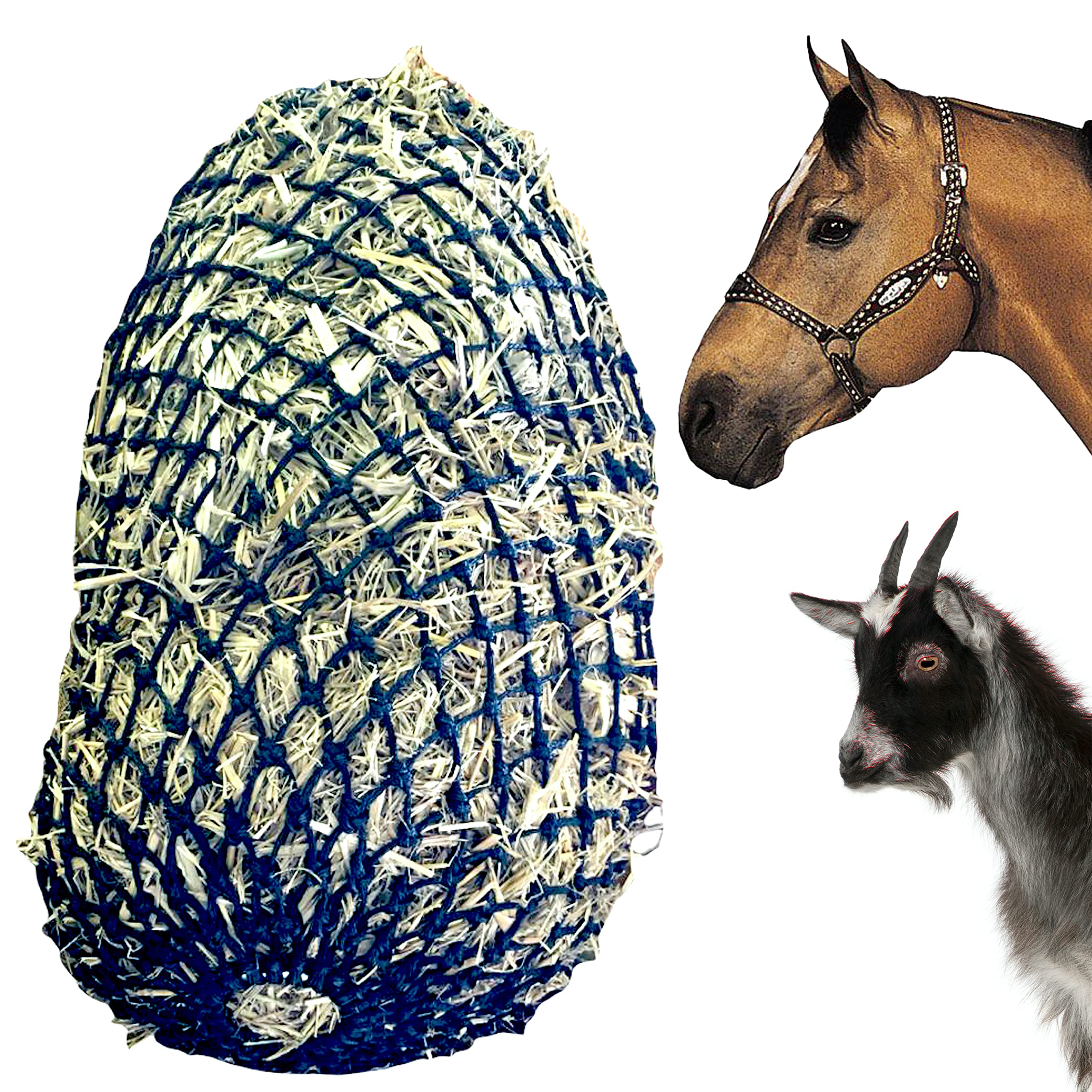 Majestic Ally 1.25”x1.25” Holes Ultra Slow Feed 40” Very Sturdy Hay Net with Bottom Ring for Horses, Nylon Rope Hanging, Adjustable Travel Feeder for Trailer and Stall, Reduces Waste (Black)