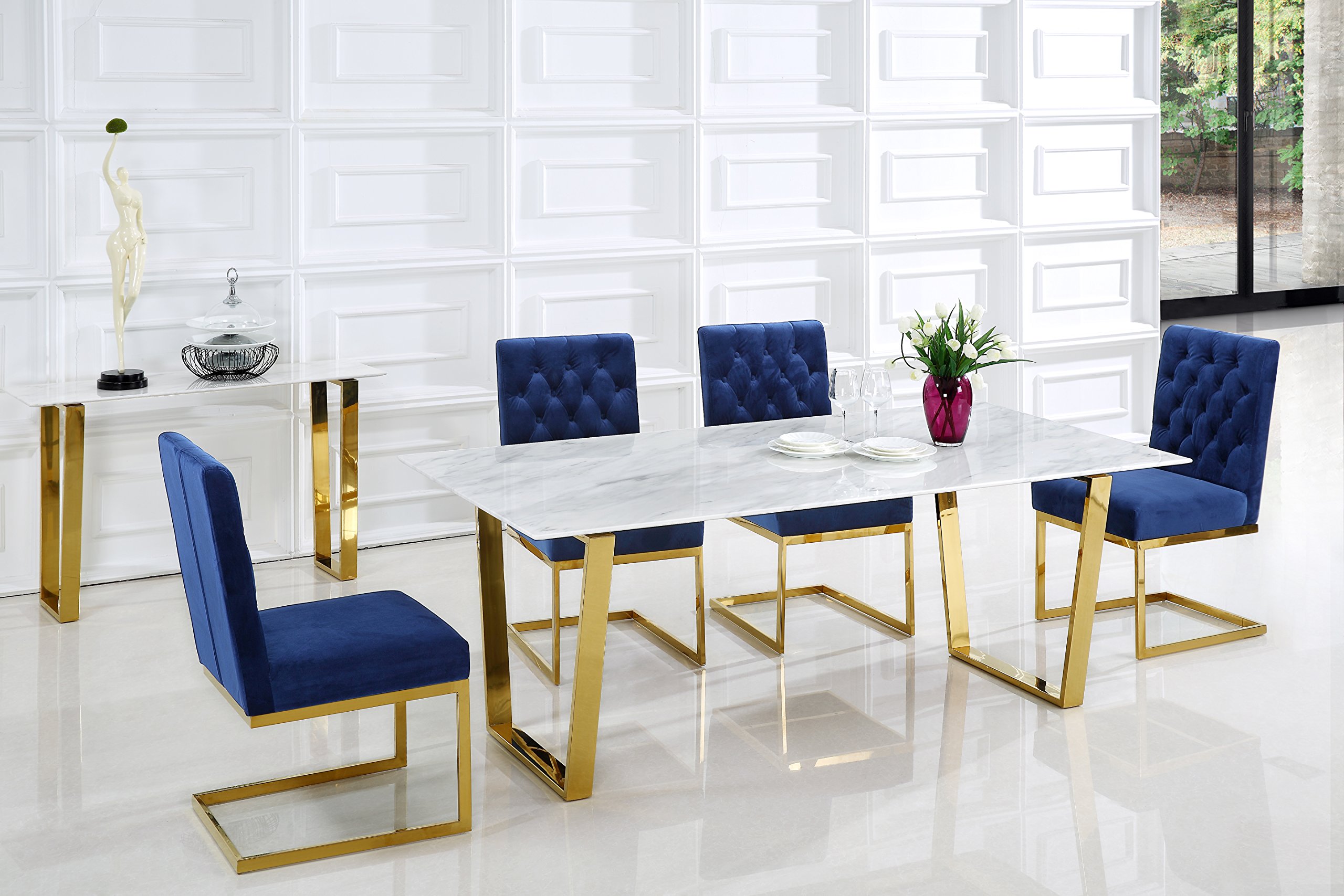 Meridian Furniture 712-T Cameron Contemporary Style 78 inch Rectangular Dining Room Table with Rich Gold Stainless Steel Base and Genuine Marble Top, Gold