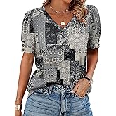 OFEEFAN Womens Tops Short Sleeve Shirts Buttons V Neck Spring Fashion Summer Outfits Plus Size Blouses Dressy Casual