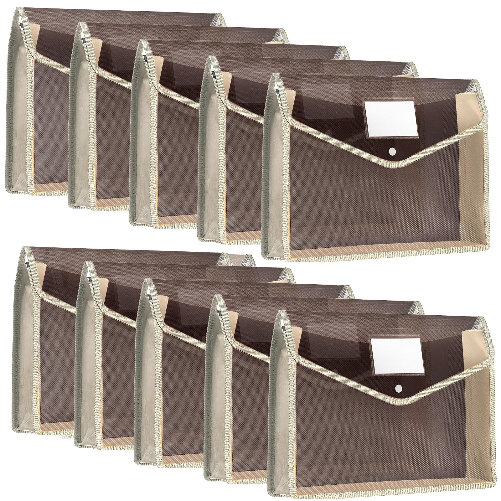 Photo 1 of 10 Pieces Plastic File Folders Envelope Expanding File Wallet Organizer Documents Folder with Snap Closure and Pocket, A4 Size Waterproof Transparent Pouch(Khaki,Horizontal)
