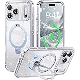 CASEKOO Clear Pearl Sparkle 360 Spin Magnetic Stand for iPhone 17 Pro Case for Women, Fit for MagSafe, 17FT Drop Protection, Chic Design for 17 Pro Case with Stand, Sparkle Clear