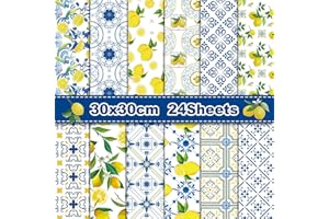 BOLSOME 24 Sheets Lemon Scrapbook Paper Pad Double-Sided Blue Tiles Yellow Lemon Patterned Decorative Craft Paper for Card Making Photo Album Journal DIY Craft, 11.8'' x 11.8''