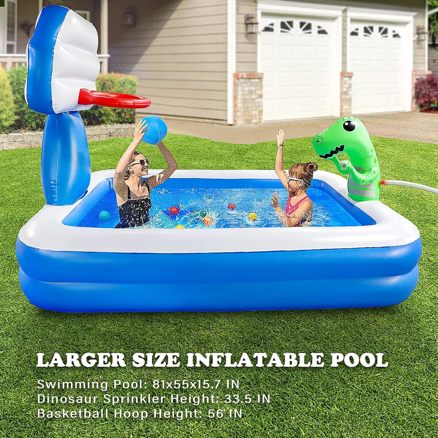 Growsly Inflatable Pool - Swimming Pool for Kids, Blow Up Kiddie Lounge Pool with Basketball Hoop and Dinosaur Sprinkler for Kids Adults Toddlers Age 3+, Outdoor Water Toys for Garden Backyard: Kitchen & Dining