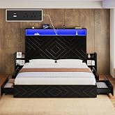 Uteeran King Size Bed Frame with 55.12" Tall Headboard | Wooden Bed Frame with Bedside Storage &amp; Locking Drawers, Charging Station &amp; RGB LED Lights, No Box Spring Needed, Brown