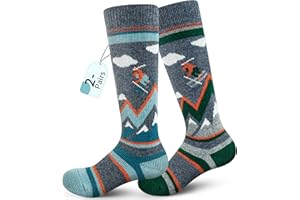 unenow Merino Wool Ski Socks Kids 2 Pairs, Winter Warm Snowboarding Thermal Socks for Boys Girls Toddlers