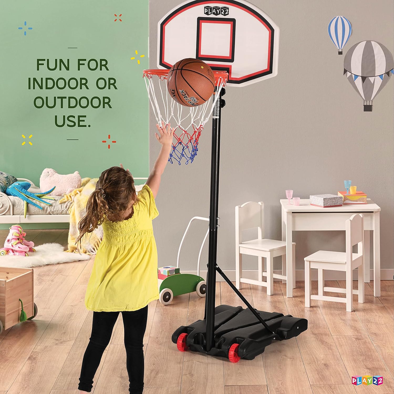 Play22 Kids Adjustable Basketball Hoop Height 5 - 7 FT - Portable Basketball Hoop for Kids Teenagers Youth and Adults With Stand & Backboard Wheels Fillable Base - Basketball Goals Indoor Outdoor Play: Sports & Outdoors