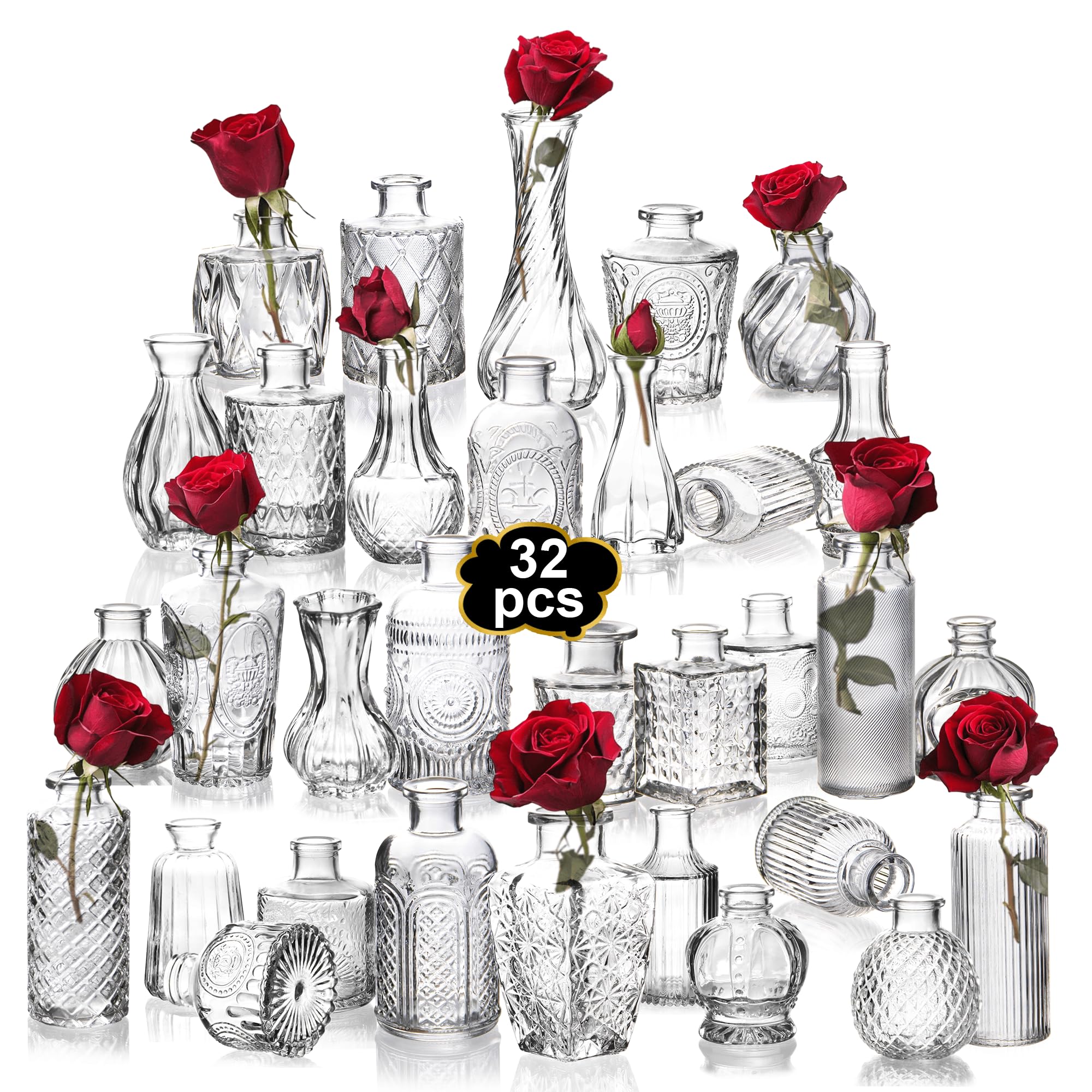 Photo 1 of ***MISSING 2 VASES***Mavora Max Clear Bud Vases Bulk 32,Small Flower Vases for Wedding,Glass Vintage Vase Set for Centerpieces,Recepetion,Home