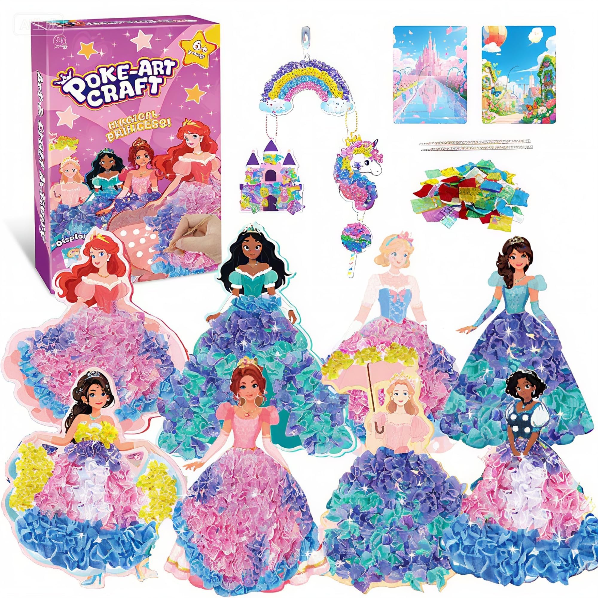 Afufu 12 Sets Poke-in Art Craft Kits Girls Toys for Kids Age 3 4 5 6 7 8 9 10, DIY Cartoon Princess Dress-Up Games, Mess-Free Fun Art Set with 800*Fabrics 2*Sticks, Creative Activities Birthday Gifts