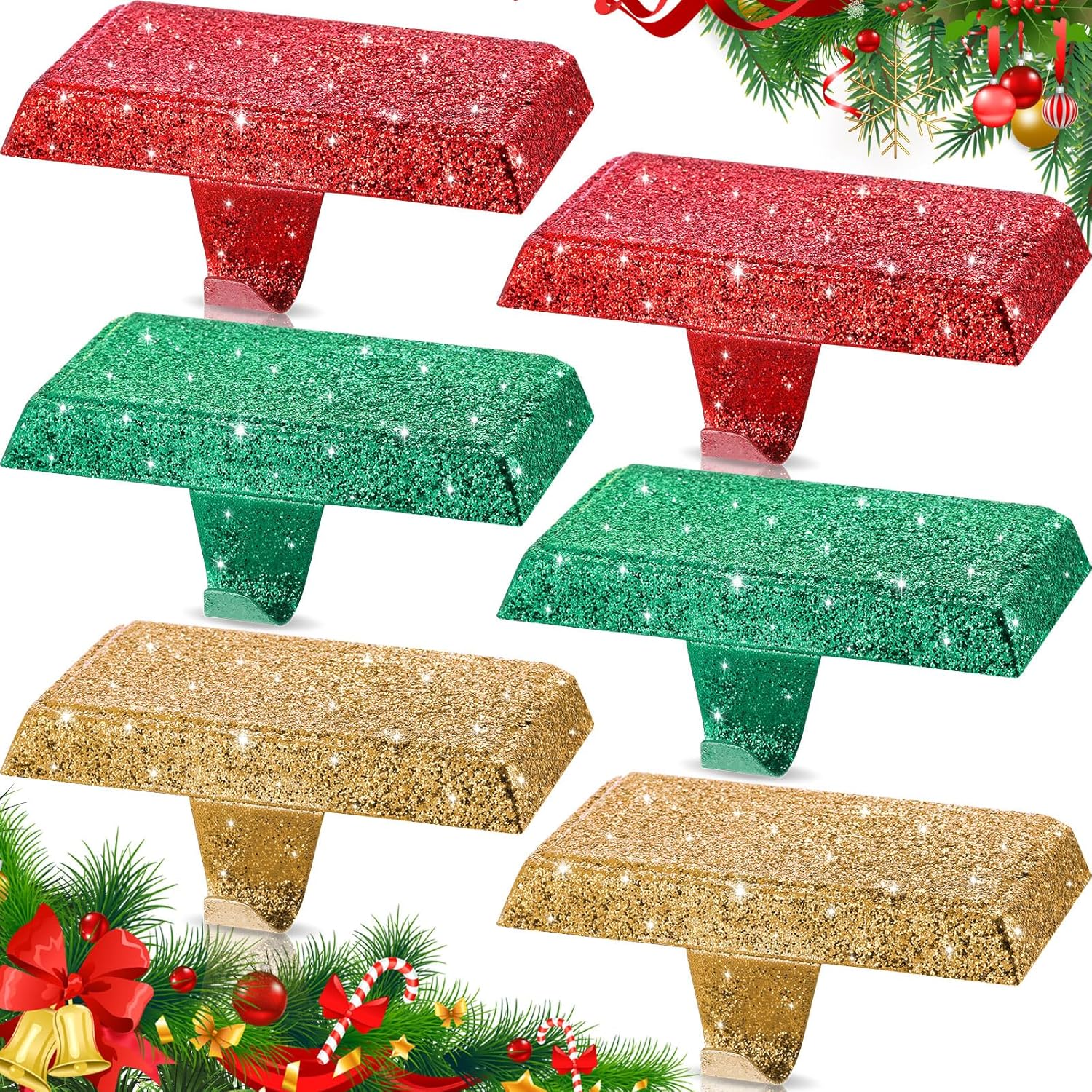 Ornament Hooks - Christmas Stocking Holders for Mantle Weighted Stocking Holder Fireplace Stocking Hangers for Xmas Holiday Party Decoration (Glitter Red Green Gold,6 Pcs)