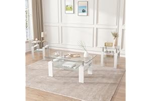 FOUREA 3 Piece Living Room Table Set, Glass Coffee Table and End Table Set of 3, Coffee Table Set with Tempered Glass & Metal Legs for Livingroom Table, Bedroom Nightstand. (Style 1, Clear Glass+White Leg)