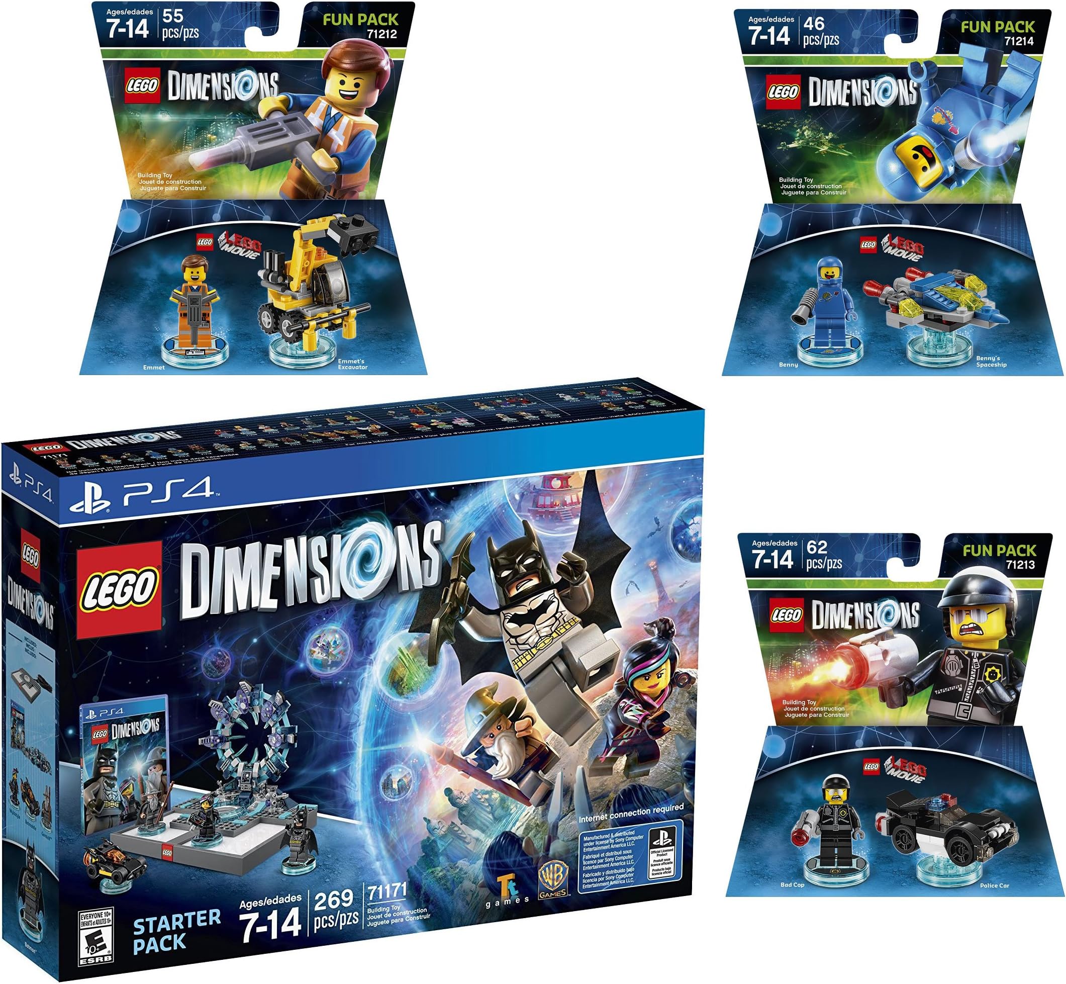 Lego Dimensions The Lego Movie Starter Pack + Emmet + Benny + Bad Cop Fun Packs for Playstation 4 PS4 Pro Console