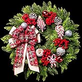 Christmas Wreaths for Front Door, 20 Inch Lighted Artificial Christmas Door Wreath with Candy Lollipops Ball Bow, Holiday Decorations for Home Decor