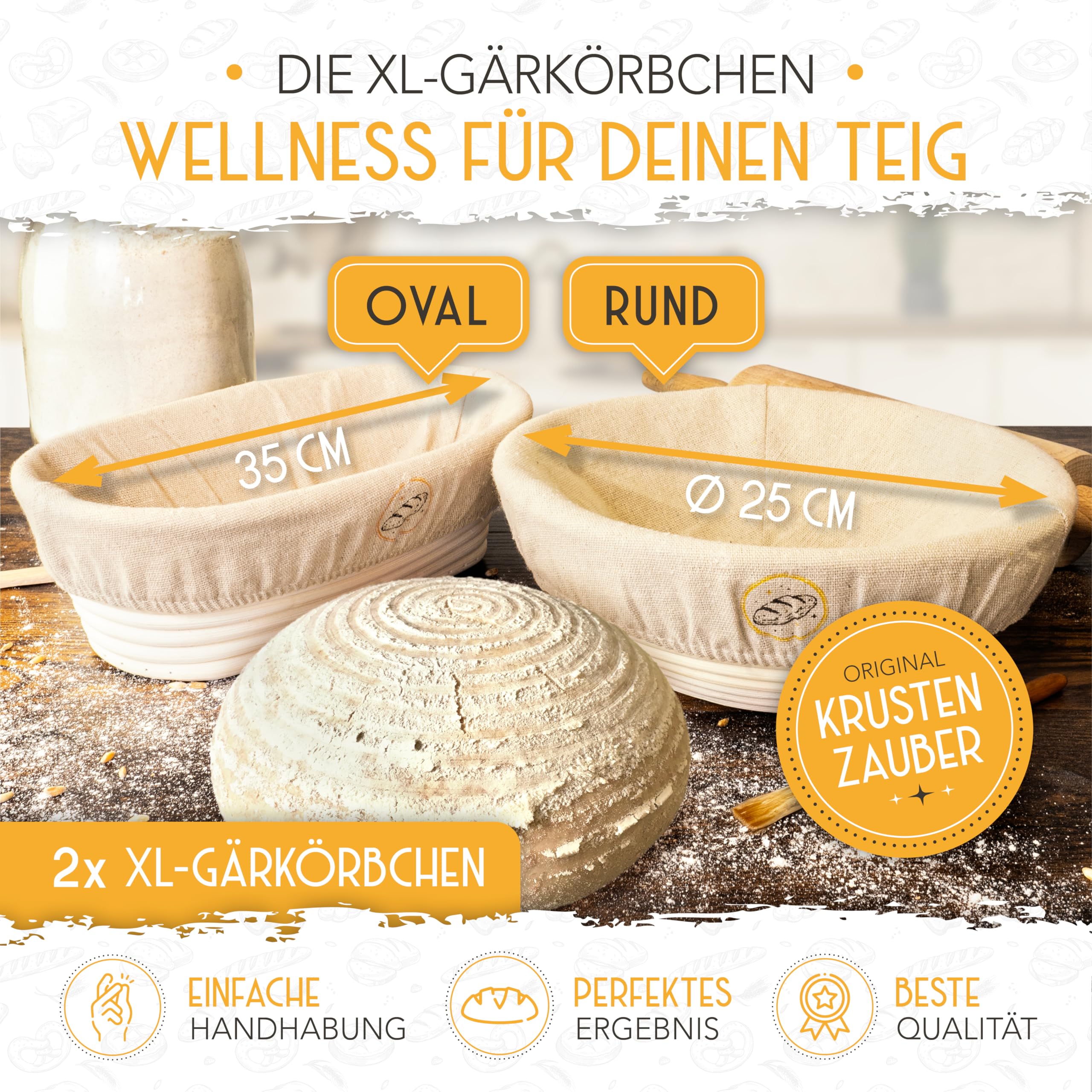 KRUSTENZAUBER Gärkörbchen zum Brotbacken + Bäckermesser - Set aus 2x Gärkorb und 2x Teigritzmesser - Brot Backen Zubehör, Brotkorb, Brotbackform, Sauerteig Teigschneider, Gärfolie Brot 2