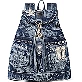 YeFine Fashion Denim Backpack Purse for Women Jean Bags With Rhinestones Decorations Casual Daypacks (With Beach Sandals Blue)
